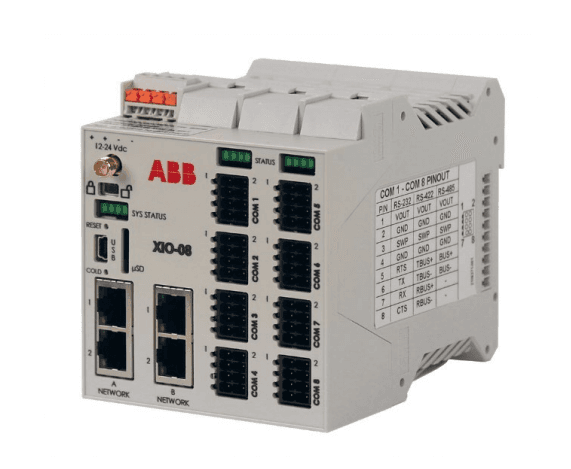 ABB Control XIO-08 ABB XIO-08, remote I/O controller, expandable, 4 Ethernet ports, 8 COM ports, 1 TFIO bus interface.