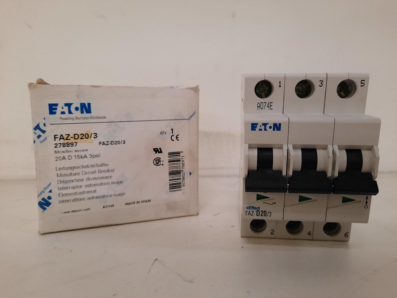 Eaton FAZ-D20/3 Eaton FAZ supplementary protector,UL 1077 Industrial miniature circuit breaker - supplementary protector,High levels of inrush current are expected,20 A,15 kAIC,Three-pole,10-20X /n,50-60 Hz,Standard terminals,D Curve