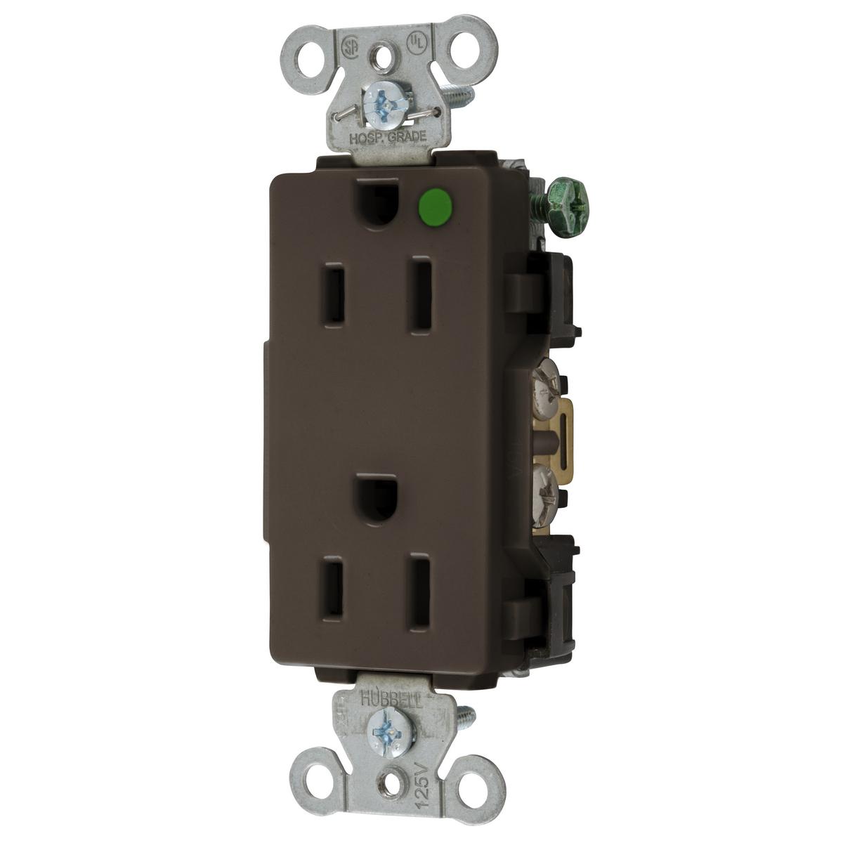 Hubbell 2172 Straight Blade Devices, Decorator Duplex Receptacle, Hospital Grade, Hubbell-Pro, 15A 125V, 2-Pole 3-Wire Grounding, 5-15R, Brown.  ; Triple wipe contacts ; High impact resistant decorator face ; Steel mounting strap ; Self Grounding, USA Product