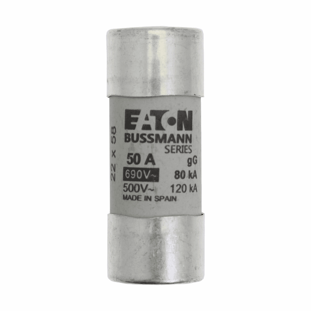 Cooper Bussmann C22G50S C22G50S Cooper Bussmann - Eaton Bussmann series low voltage 22 x 58 mm cylindrical/ferrule fuse, rated at 690 Volts AC, 50 Amps, 80 kA Breaking capacity, class gG/gL, with striker, compatible with a CH22 Modular fuse holder