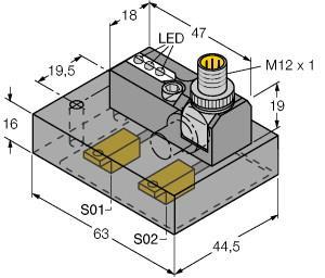 Turck NI2-ISI-0.055-BDS-2AP6X3-H1141/S34wISI2 Inductive Sensor, Monitoring Kit for Power Clamps, Rated switching distance 2 mm, Cable length (L) 0.055 m, Non-flush, BDS power block with two connected sensors and LEDs, Robust rotatable connector 0°, 45° and 90°, for optimal cable routing, Plastic, PBT‐GF20‐V0, Resistant to magnetic fields (weld-resistant), for DC and AC fields up to 100 mT, 2 x NO contact, PNP output, DC 4-wire, 10…30 VDC