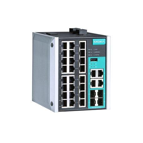 Moxa EDS-528E-4GTXSFP-LV Managed Gigabit Ethernet switch with 24 10/100BaseT(X) ports, 4 10/100/1000BaseT(X) or 100/1000BaseSFP ports, dual 12/24/48/-48 VDC power inputs, -10 to 60°C operating temperature