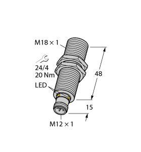 Turck RU40U-M18M-LFX-H1151 Ultrasonic Sensor, Diffuse Mode Sensor, Max. range 400 mm, Smooth sonic transducer face, Cylindrical housing M18, potted, Connection via M12 x 1 male, Temperature compensation, Blind zone: 2.5 cm, Range: 40 cm, Resolution: 0.5 mm, Aperture angle of sonic cone: ±15 °, Frequency output 240…1600 Hz (60…400 Hz), Frequency range selectable via FS control line (see functional principle)