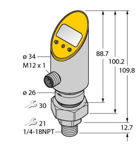 Turck PS040V-503-LI2UPN8X-H1141 Pressure Transmitter (Rotatable), With Analog Output and PNP/NPN Transistor Switching Output, Output 2 Reprogrammable as Switching Output, , Housing is rotatable after plugging the process connection, Reading of adjusted values without tool, Recessed pushbutton and keylock for secure programming, Permanent indication of pressure (bar, psi, kPa, MPa, misc), Peak pressure memory, Pressure range -1…40 bar rel.