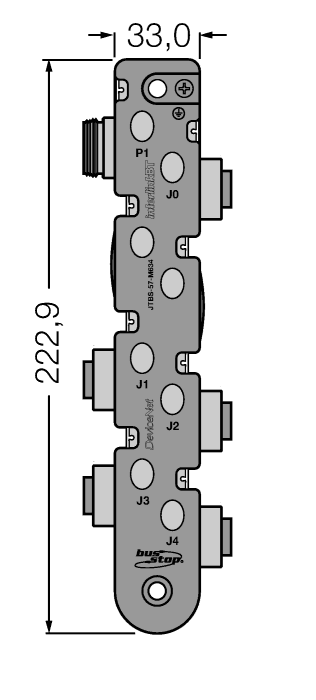 Turck JTBS-57-M433 Turck JTBS-57-M433 is a DeviceNet passive junction box within the JTBS series, featuring a fully encapsulated black housing made from TPU with stainless steel receptacles. It is equipped with 5 x 5-pin 7/8" female connectors (J0-J4) for device connections and 1 x 5-pin 7/8" male connector (P1) for bus in and out, supporting a daisy-chain configuration. This junction box operates on a supply voltage of 300Vdc and is designed for surface mounting. It can operate within an ambient air temperature range of -30 to +80°C and offers a degree of protection of IP67, making it suitable for various industrial environments. The connection capacity includes 4 ports for device drops plus 1 for bus in and out.