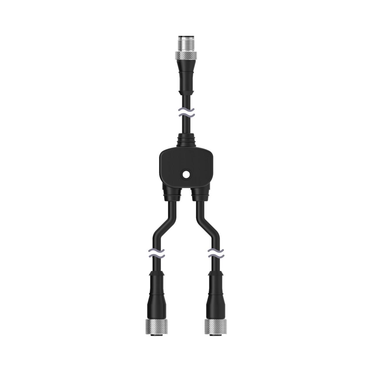 Banner CSB-M1248M1241 Banner Engineering CSB-M1248M1241 is a Y-shaped splitter cable designed for splitting a single signal into two. It features a 4-pin Euro-style M12 male connector on an 8ft / 2.5m trunk and two 4-pin Euro-style M12 female connectors on 1ft / 30cm branches. This configuration allows for flexible connectivity options in various automation applications.