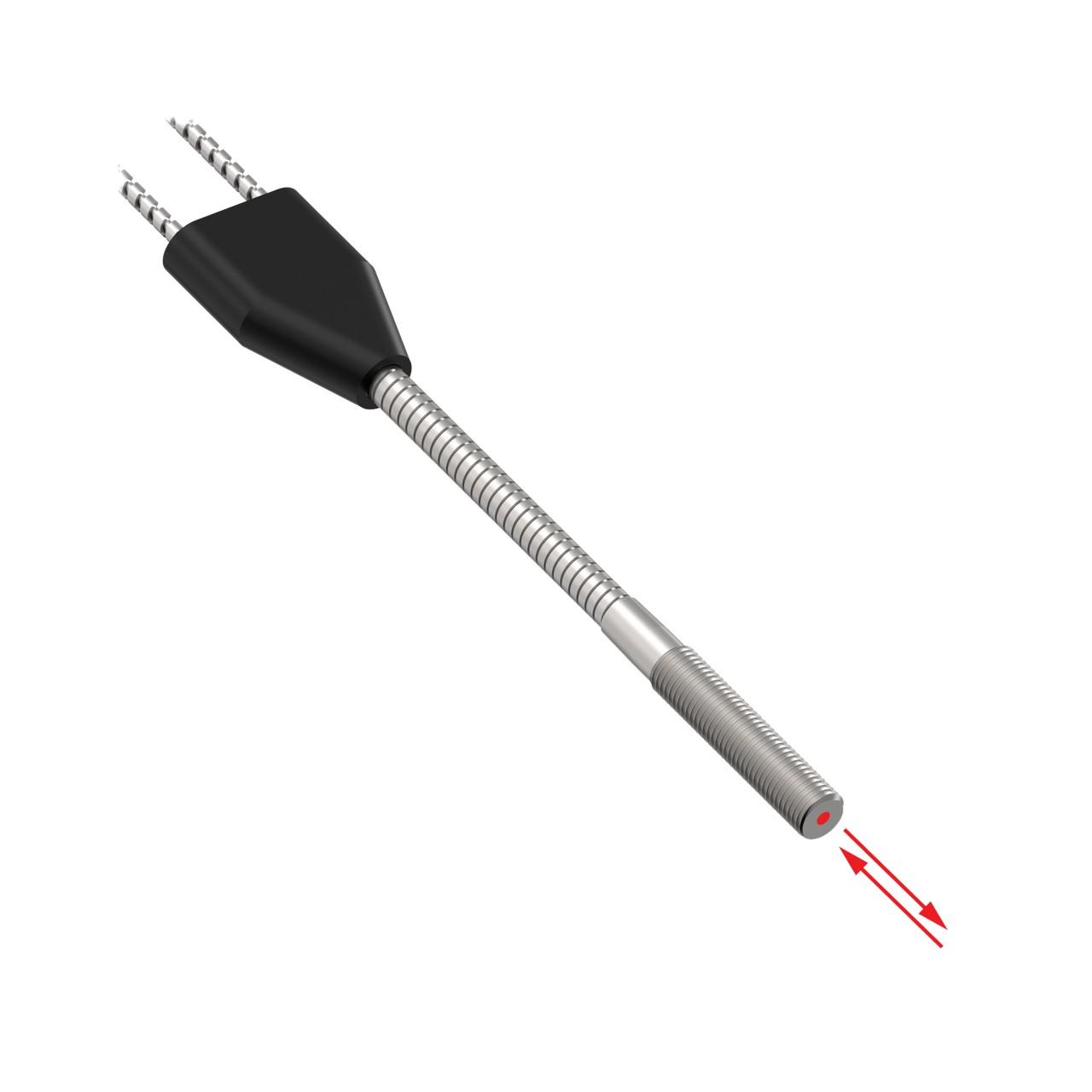 Banner BT1.56ST5M900 Banner Engineering BT1.56ST5M900, part of the Glass fiber series, is a fiber optic sensor designed with a diffuse-reflective system. It features a flexible, bifurcated fiber with an in-line sensing mechanism. The sensing end is made of stainless steel, while the fiber itself is encased in stainless flexible tubing for added durability. The fiber core has a diameter of 2.3mm, and the sensor's end tip is cylindrical with threading for easy installation. This model has a length of 6ft (approximately 2 meters) and is capable of operating in ambient air temperatures up to +480°C.