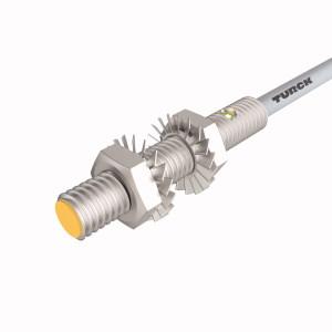 Turck BI1-EG05-RP6X Inductive Sensor, Rated switching distance 1 mm, Cable length (L) 2 m, Flush, Threaded barrel, M5 × 0.5, Stainless steel, 1.4305 (AIS303), , DC 3-wire, 10…30 VDC, NC contact, PNP output, Cable connection