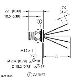 Turck ERSBG-A5.5GY.2-1 Actuator and Sensor Receptacle, Rear Mount, Rated voltage [Umax] 300 VDC / 250 VAC, Cable length (L) 1 m, M12, Male, Receptacle, Rear mount, 5-pin, Mounting thread: PG9