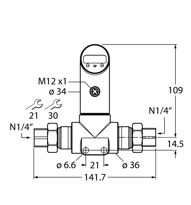 Turck PS025D-502T-LI2UPN8X-H1141 Turck PS025D-502T-LI2UPN8X-H1141 is a sensor designed for pressure measurement and switching, belonging to the PS300 series. It features a programmable compound pressure sensor/switch with a set point range of 1-100% and a reset point range of 0.5-99.5%. The sensor measures pressure in units of bar, psi, kPa, MPa, and miscellaneous, and operates within an ambient air temperature range of -40°C to +80°C. It has a cylindrical body with a diameter of 34mm and is equipped with a 4-pin M12 Eurofast QD male connector and a G1/4" (1/4" BSPP) threaded female process port for connection. The sensor offers an IP69K degree of protection and requires a supply voltage of 18-30Vdc (24Vdc nominal). It can operate at a maximum switching frequency of 180Hz. The housing and wetted parts are made of 1.4305 (303) stainless steel, with a ceramics Al2O3 pressure transducer and a stainless steel pressure connection. It measures pressure ranges from -1 to +25bar (-14.5 to +362.5psi) and supports the IO-Link communication protocol. The fluid medium temperature range is -40°C to +85°C. The operating mode can be programmed as NO (Normally Open) or NC (Normally Closed), and it features 2 x digital outputs (15-30Vdc; NPN/PNP). Protection functions include short-circuit (pulsed) and reverse polarity. The response time ranges from 50 to 600ms, with a set point accuracy of +/-0.5% FS, analog accuracy of <=+/-0.5% FS, and repeatability of <=0.5% of the measuring range. Zero shift/span shift is <=0.15% of the measuring range per °C. The control circuit rated current is 200mA, with a current consumption of 50mA. Time delays for ON-delay and OFF-delay can be set from 0 to 50.