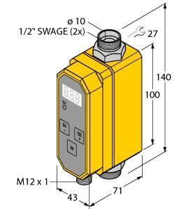 Turck FCI-D10A4P-2ARX-H1160/D205 Flow Monitoring, Inline Sensor with Integrated Processor, Relay Output 24 VDC NO, Inline sensor, Compact inline flow sensor, Calorimetric principle, Monitoring of flow rate, Monitoring of the medium temperature, For water-glycol mixtures and HT110/135 Galden fluid, Parametrized via button, Protected by software code, , Operating range 1.9…19 l/min, 2 relay switching outputs, Switching outputs 24 VDC NO, Switchpoints freely adjustable