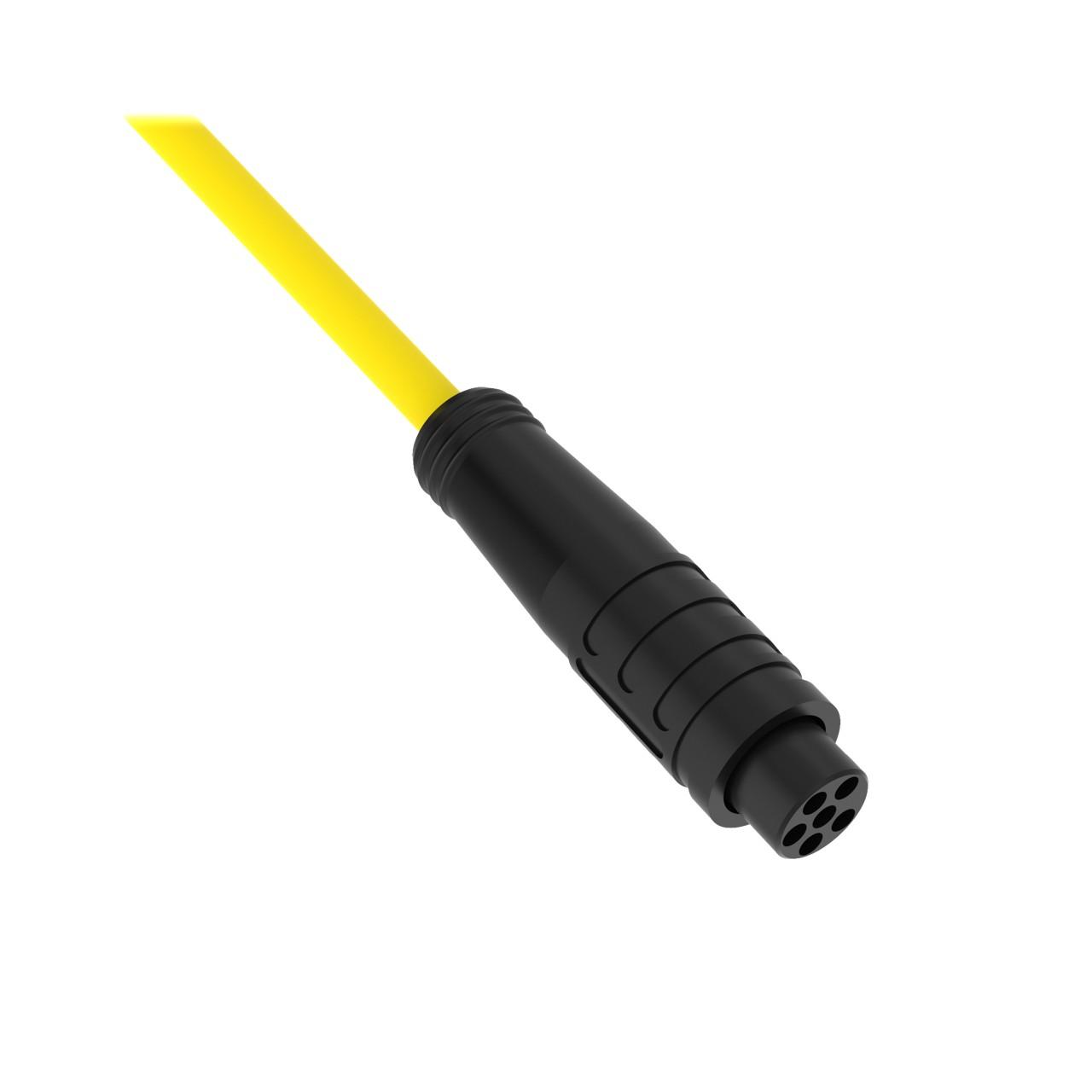 Banner PKG6Z-9 Turck PKG6Z-9 is a single-ended mating cable/cordset designed for automation applications. It features a 5.3mm cable sheath outer diameter and is capable of handling a rated current of 4A. This part utilizes a 3-pin M8 picofast female connector with an M8x1 threaded coupling nut and medium plug body, ending in bare flying leads. It falls under the M8 picofast to bare leads sub-range. The PKG6Z-9 offers a degree of protection rated at IP67, NEMA 1, NEMA 3, NEMA 4, and NEMA 6P, ensuring its suitability for various environmental conditions. The coupling nut is made from nickel-plated brass, and the cable jacket is constructed from TPE, colored yellow for easy identification. This cable has a length of 20cm (approximately 7 inches) and is rated for 125Vac. Its conductors have a cross-section of 3 x #22AWG.