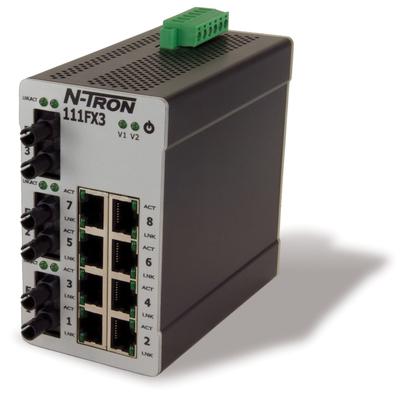 Red Lion 111FXE3-ST-40 Red Lion 111FXE3-ST-40 is an industrial Ethernet switch designed for robust networking applications. It operates with a supply voltage range of 10-49Vdc, including 12Vdc, 24Vdc, and 48Vdc, supported by redundant power inputs. This switch features 8 RJ45 ports supporting 10/100BaseTX and 3 fiber optic ST connectors for single-mode fibers, capable of transmitting data over a 40km rated optical fiber length. It is designed to function within an ambient air temperature range for storage of -40 to +80 degrees Celsius. The 111FXE3-ST-40 is housed in a metallic case, adheres to an IP30 rated voltage (AC), and utilizes DIN rail technology for mounting. It is part of the N-Tron 100 series, as indicated by its UNSPSC code, and is equipped with Ethernet speed and rated impulse voltage (Uimp) specifications, emphasizing its utility in industrial environments requiring reliable long-distance communication.