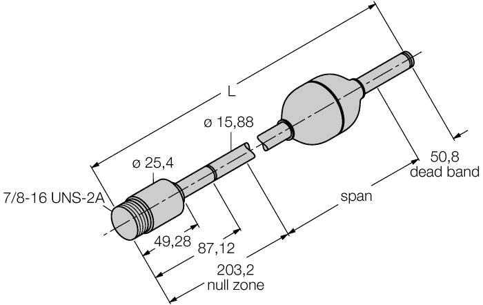 Turck LT81E-R16-3LI0-EX-B1140 Turck LT81E-R16-3LI0-EX-B1140 is a sensor designed for liquid level measurement within the EZ-track series. This instrumentation intrinsically-safe liquid level floating sensor/transmitter features a cylindrical rod shape with both the housing and probe rod made from 1.4404 (316L) stainless steel. It offers an 81" measurement span and is pre-equipped with a 4-pin 7/8"-16 UNS Minifast male connector. The sensor operates under a pressure of 70bar (1015psi) and requires a supply voltage of 13.5-30Vdc, with 24Vdc nominal. It is designed to measure medium temperatures ranging from -20 to +70°C and has a rod diameter of 16mm (5/8"). The ambient air temperature for operation also ranges from -20°C to +70°C. It boasts an IP68 degree of protection, features 1 x analog output (4-20mA; loop powered), and has a response time of 40ms (0.04 s).