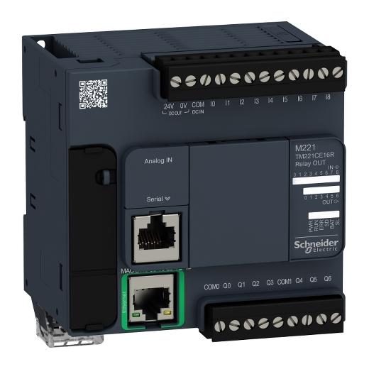 Schneider Electric TM221CE16R Schneider Electric TM221CE16R is a Programmable Logic Controller (PLC) CPU processor module featuring integrated I/Os. It supports analog functions including PID control, counting with up to 4 high-speed counters (HSC) at a 100kHz frequency, position control (PTO) with trapezoidal and S-curve profiles for controlling 2 or 4 axes in pulse direction (P/D) mode or 1 or 2 axes in CW/CCW mode, pulse width modulation (PWM), pulse generator (PLS), and frequency generator (FREQGEN). The connection options include a removable screw terminal block, one RJ45 connector for serial links (RS-232 or RS-485), one RJ45 connector for Ethernet, and one USB mini-B programming port. It operates on a supply voltage of 85-264Vac (100-240Vac nominal) and can be mounted on a symmetrical rail or panel. The operating ambient air temperature range is +14 to +131°F (-10 to +55°C), and it has a memory capacity of 640KB total RAM, with 256kB for internal variables, 256kB for application and client data, and 2MB flash memory for backing up the client application and data in the event of a power outage. The degree of protection is IP20, and it supports Ethernet/IP and Modbus TCP communication protocols. It features 7 digital outputs (2A; NO relay contact outputs), 9 digital inputs (24Vdc; Sink/Source; 4 inputs can be used as high-speed HSC counters), and 2 analog inputs (0-10Vdc; 10-bit). Additional connection capacity includes 1 SD card slot and 1 slot for 1 or 2 cartridges. The storage ambient air temperature range is -13 to +158°F (-25 to +70°C), with a humidity tolerance of 10-95% (without condensation in operation and in storage). The processing time for boolean instructions is 200ns / 0.0002 ms, and it has a mechanical durability of 20,000,000 operations at no load.