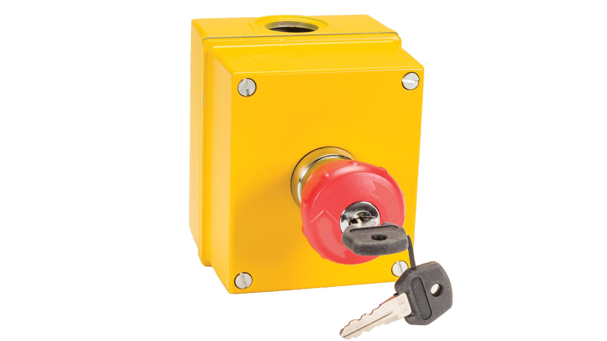 Sprecher + Schuh D7-1YPBK14-PX10 Sprecher + Schuh D7-1YPBK14-PX10 - D7 Emergency Stop Pushbutton Station, Yellow Plastic, Mushroom 40mm Keyed Twist Release, Red/Yellow, 1NO, Type 4/4X/13