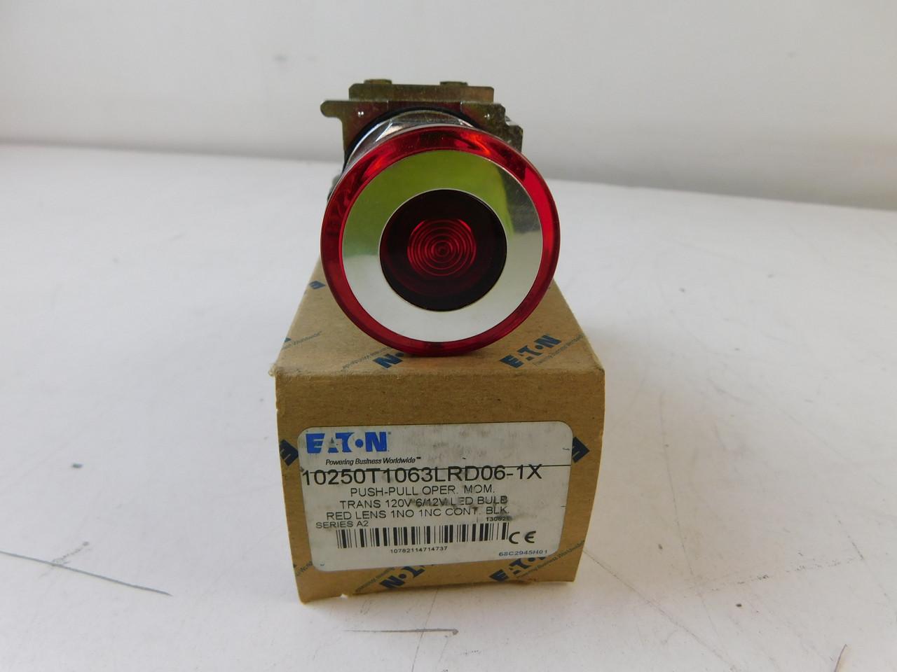 Eaton 10250T1063LRD06-1X Eaton 30.5 mm Heavy-Duty Push-Pull,Assembled,Standard 40 mm Actuator (Lens),Red,Plastic Bus,1NO-1NC,Bayonet base,Illuminated,6 Vac/Vdc Lamp,LED, transformer,120 Vac Light Unit,Three-position,Mom. Push/pull, Main. intermediate,10250T Series