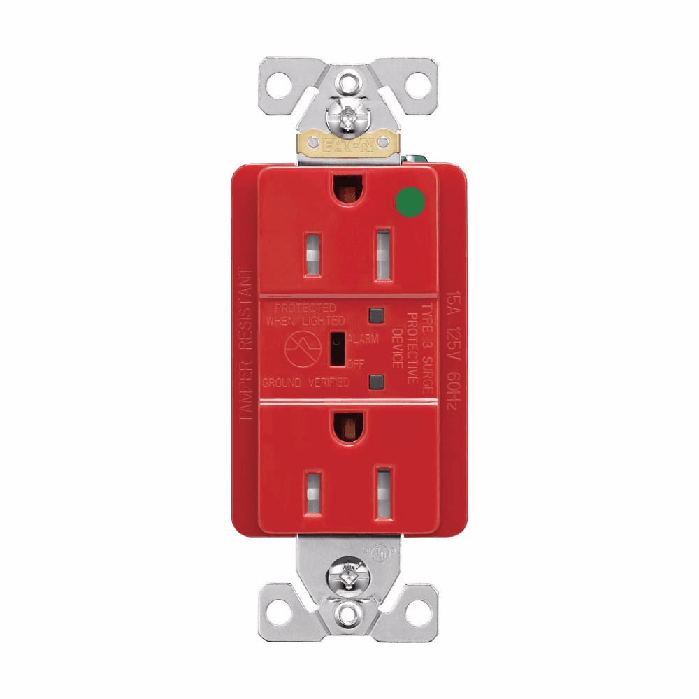 Eaton TR8262RDS TR8262RDS Eaton - Eaton TVSS receptacle, HG, LED indicat and alarm, #14 - #10 AWG, 15A, Comm specif, Wall/flush mnt, Bk and sd wire, 840J, 2 recept, -40° to 60°C, Red, Brs, Strght blade, Hi-impct resist thermpls/nylon, 5-15R, Dplx 756467 756467