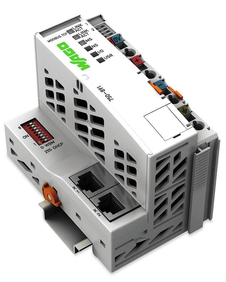 WAGO 750-891 Wago 750-891 is a Programmable Logic Controller (PLC) CPU unit featuring a 32-bit processor and supports various communication protocols including HTTP, BootP, DHCP, DNS, SNTP, FTP, and SNMP. It operates on a supply voltage of 18-31.2Vdc via wiring with a nominal 24Vdc and has no AC supply voltage. The unit provides connection through 2 x RJ45 connectors for fieldbus, a cage-clamp 2-pin for the system, and a cage-clamp 6-pin for the field. Designed as Gen.4, it has an ambient air temperature operation range of C...+55°C and a storage temperature range of C...+85°C. The CPU unit offers a speed of 10Mbit/s and 100Mbit/s, with an IP20 degree of protection and a net width of 61.5 mm. It supports Modbus TCP and Ethernet communication protocols, has a rated insulation voltage (Ui) suitable for DIN-35 rail mounting, and dimensions of H100mm x W61.5mm x D71.9mm. The housing is made of Polycarbonate (PC) / Polyamide (PA) 6.6, capable of 250 x connections per node and 64 x field devices. It features 32kB of non-volatile memory for software, 4MB for program memory, and 4MB for data memory. The unit is vibration resistant according to EN 60068-2-6 -- 4g and shock-resistant according to EN 60068-2-27 --15g. It has a current consumption of 500mA at 24Vdc nominal load, 390mA at 5Vdc system supply, and 1700mA system supply. The control circuit's rated current supports various programming environments and configurations, including Instruction List (IL), Ladder Diagram (LD), Function Block Diagram (FBD), Continuous Function Chart (CFC), Structured Text (ST), Sequential Function Chart (SFC), WAGO-I/O-PRO V2.3, WAGO-I/O-CHECK, Web-Based Management, and CODESYS Library. It operates at 95% relative humidity (RH), non-condensing.