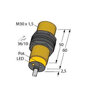 Turck BC10-S30-Y1X Capacitive Sensor, Rated switching distance 15 mm, Cable length (L) 2 m, Flush, M30 × 1.5 threaded barrel, Plastic, PA12‐GF30, Fine adjustment via potentiometer, DC 2-wire, nom. 8.2 VDC, Output acc. to DIN EN 60947-5-6 (NAMUR), Cable connection, ATEX category II 2 G, Ex zone 1, ATEX category II 1 D, Ex zone 20, SIL2 (Low Demand Mode) acc. to IEC 61508, PL c acc. to ISO 13849-1 at HFT0, SIL3 (All Demand Mode) acc. to IEC 61508, PL e acc. to ISO 13849-1 with redundant configuration HFT1