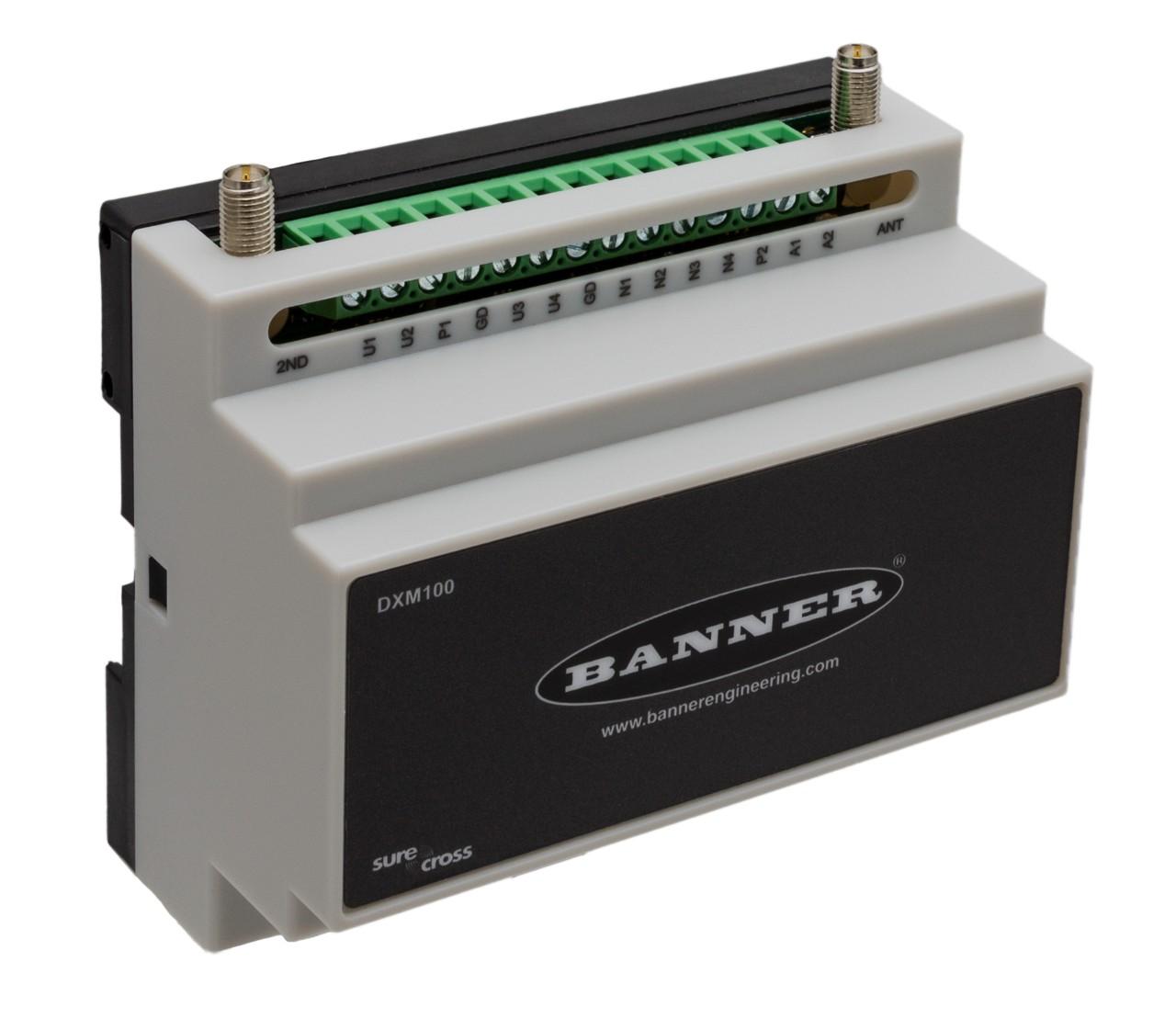 Banner DXM100-S1R2 Banner Engineering DXM100-S1R2 is a Remote I/O controller designed for DIN rail mounting and features a polycarbonate housing. It operates within an ambient air temperature range of -20 to +60°C and offers 2 analog outputs (4-20mA / 0-10Vdc), ensuring compatibility with various sensors and actuators. The device is protected by an IP20 degree of protection and has dimensions of H61.1mm x W105.3mm x D94.7mm. It includes 4 digital outputs (12Vdc-30Vdc; NMOS; 1A) and 4 digital inputs (12-30Vdc; Sink/Source/Counter) that can also function as 4 analog inputs (4-20mA / 0-10Vdc / 10kΩ thermistor). The DXM100-S1R2 utilizes FHSS (Frequency Hopping Spread Spectrum) technology for secure communication and features an RP-SMA connector for connectivity. It requires a supply voltage of 12-30Vdc (12Vdc-24Vdc nom.) and supports RS-485 Modbus RTU communication protocol. With an 8GB memory capacity via an SD card and a 900MHz ISM band 1W radio (HE5 MultiHop data radio; North America), it achieves a maximum transmission distance of 9.6km at nominal emission power.