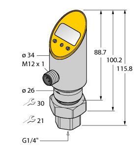 Turck PS100R-501-2UPN8X-H1141 Pressure Transmitter (Rotatable), 2 PNP/NPN Transistor Switching Outputs, , Housing is rotatable after plugging the process connection, Reading of adjusted values without tool, Recessed pushbutton and keylock for secure programming, Permanent indication of pressure (bar, psi, kPa, MPa, misc), Peak pressure memory, Pressure range 0…100 bar rel.