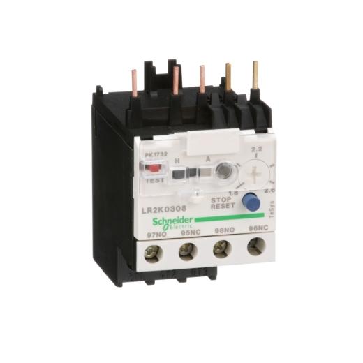 Schneider Electric LR2K0308 Schneider Electric LR2K0308 is a differential thermal overload relay designed for direct connection to a contactor, with outgoing cables featuring screw-clamp connections and a control circuit also utilizing screw-clamp technology. This 3-pole device offers protection functions classified under Class 10A, with a rated current range of 1.8-2.6 A. It includes protection settings for thermal overload within the same current range. The LR2K0308 is equipped with 1 Normally Open (NO) auxiliary contact and 1 Normally Closed (NC) auxiliary contact. It supports a rated voltage (AC) for phase-to-phase connections up to 690 V, with a minimum operating current of 1.8 A and a maximum of 2.6 A.