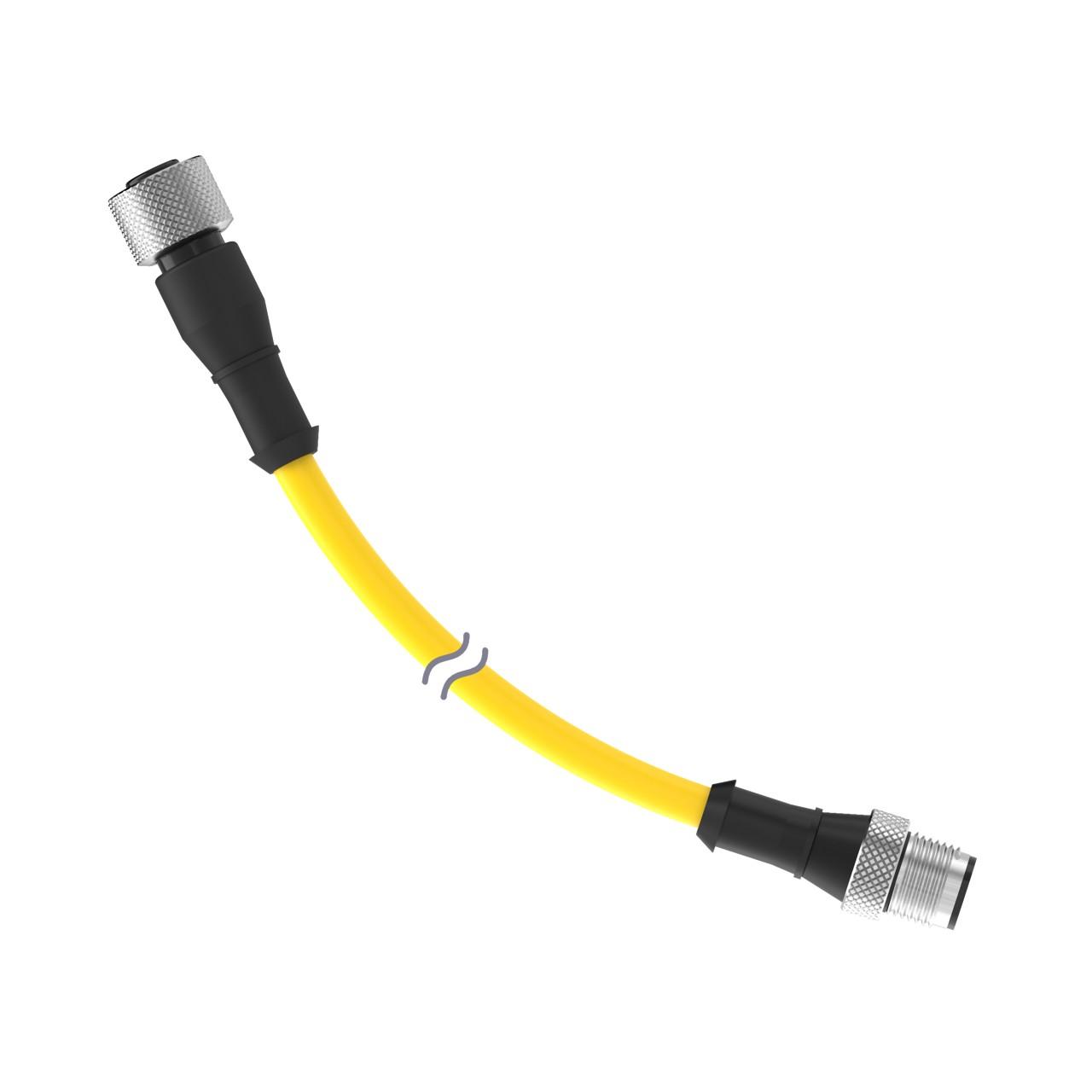 Banner DEE2R-850D Banner Engineering DEE2R-850D is a pre-assembled, double-ended cable featuring chrome-plated brass coupling nuts and a PVC cable designed for robust applications. It is equipped with an 8-pin Euro-style M12 female connector on one end and an 8-pin Euro-style M12 male connector on the other. The cable has a diameter of 6mm and a length of 15.24 meters, encased in yellow sheathing. It operates within an ambient air temperature range of -40 to +105°C and offers a degree of protection rated at IP68. The DEE2R-850D is rated for a voltage of 60Vac and 75Vdc, making it suitable for a variety of electrical applications.