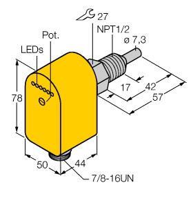 Turck FCS-N1/2A4P-ARX-B1151/115VAC Flow Monitoring, Immersion Sensor with Integrated Processor, Immersion sensor, Sensor for liquid media, Calorimetric principle, Adjustment via potentiometer, Status indicated via LED chain, AC 5-wire, 98…132 VAC, NO contact, relay output, Plug-in device, 7/8-16UN, "