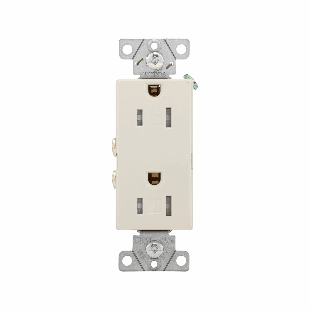 Eaton TR6252LA-BOX TR6252LA-BOX Eaton - Eaton heavy-duty industrial specification grade decorator duplex receptacle, #14-10 AWG, 15A, Commercial, Flush, 125V, Back and side, Light almond, Brass, Impact-resistant thermoplastic face and back body, 5-15R, Duplex, Screw, PVC, ED Box