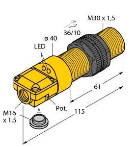 Turck BC10-P30SR-VP4X2 Capacitive Sensor, Rated switching distance 15 mm, Flush, M30 × 1.5 threaded barrel, Plastic, ABS, Fine adjustment via potentiometer, DC 4-wire, 10…65 VDC, Complementary contact, PNP output, Terminal chamber