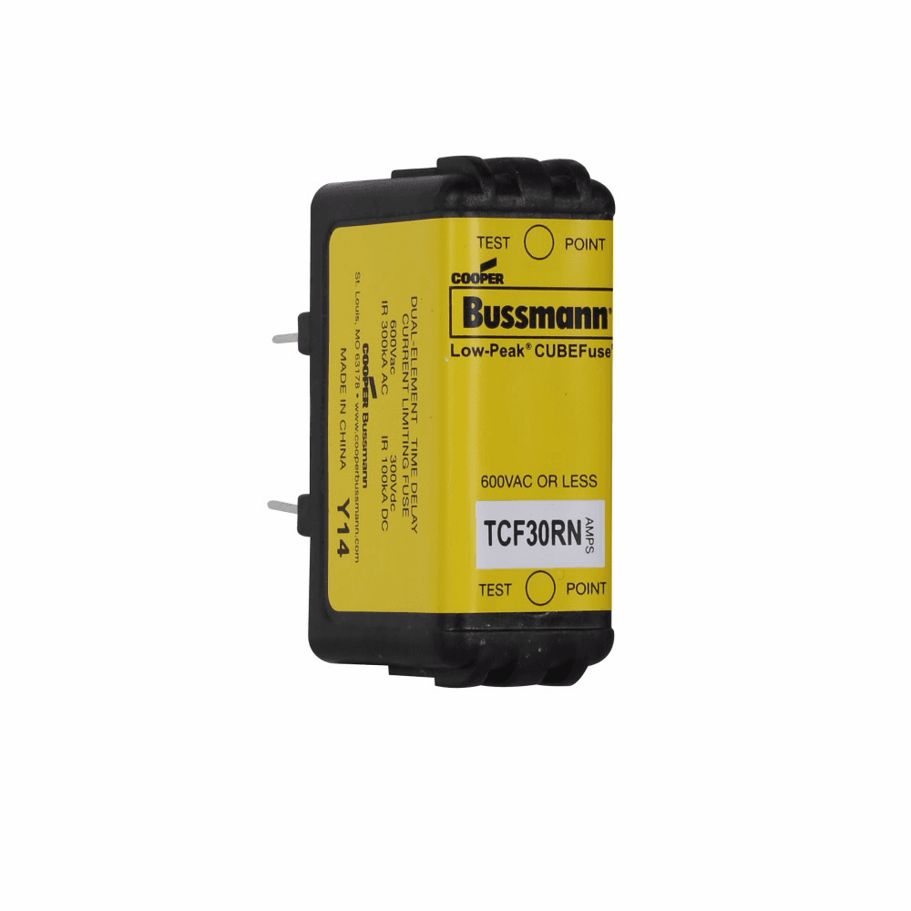 Cooper Bussmann TCF30RN TCF30RN Cooper Bussmann - Eaton Bussmann series TCF fuse, Finger safe, 600 Vac/300 Vdc, 30A, 300 kAIC at 600 Vac, 100 kAIC at 300 Vdc, Non-Indicating, Time delay, inrush current withstand, Class CF, CUBEFuse, Glass filled PES