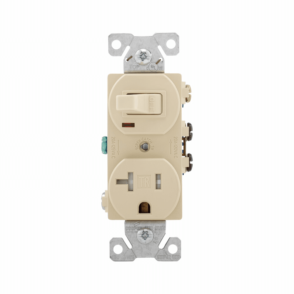 Eaton TR291V TR291V Eaton - Eaton commercial grade combination switch, tamp resist, auto-grnd, Stand, #14 - #12 AWG, 20A, 20A recept, Commer, 120V switch, 125V recept, bk and sd wiring, togg, Maint closure, Screw, Brass, Ivy, 5-15R, -20-60C, dplx, thermoplas, PVC