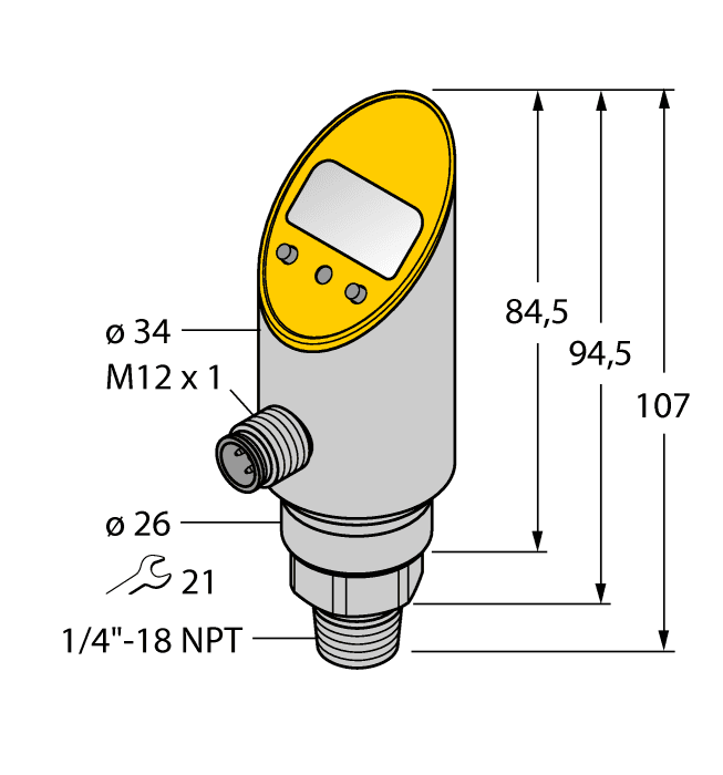 Turck PS400R-303-2UPN8X-H1141 Turck PS400R-303-2UPN8X-H1141 is a sensor designed for pressure measurement with programmable relative pressure capabilities. It features a set point range of 1-100% and a reset point range of 0.5-99.5%, with measurement units available in bar, psi, kPa, MPa, and miscellaneous. The sensor operates within an ambient air temperature range of -40°C to +80°C and has a cylindrical body with a diameter of 34mm. It is pre-equipped with a 4-pin M12 Eurofast QD male connector and a 1/4" NPT threaded male process port. Part of the PS300 series, it offers an IP69K degree of protection and requires a supply voltage of 18-30Vdc (24Vdc nominal). The sensor's housing, wetted parts, and pressure connection are made of 1.4305 (303) stainless steel, with a ceramics Al2O3 pressure transducer. It can measure pressure from 0 to +400bar (0 to +5800psig) and supports the IO-Link communication protocol. The fluid medium temperature range is -40°C to +85°C, and it can operate in either NO (Normally Open) or NC (Normally Closed) modes, which are programmable. Protection functions include short-circuit (pulsed) and reverse polarity. The sensor has a response time of 50 - 600ms / 0.05 - 0.6 s, with one analog output (4-20mA; can also be used as a NPN/PNP digital output). Measurement accuracy includes set point accuracy of +/-0.5% FS, analog accuracy of ≤+/-0.5% FS, a response time of <3ms, repeatability of ≤0.5% of the measuring range, and zero shift/span shift of ≤0.15% of the measuring range per °C. The control circuit rated current is 200mA / 0.2 A, with a current consumption of 50mA, and time delay options for ON-delay and OFF-delay ranging from 0-50.