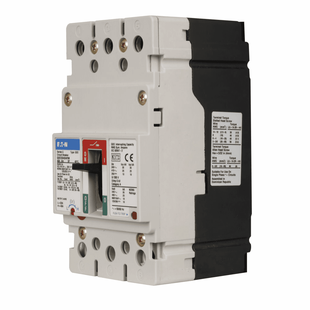 Eaton GEE3045FFM GEE3045FFM Eaton - Eaton Series G molded case circuit breaker, EG-frame, GE, Fixed thermal, fixed magnetic trip, Three-pole, 45A, 600Y/347 Vac, 65 kAIC at 240 Vac, 25 kAIC at 415/480 Vac, 18 kAIC at 600Y/347 Vac, Line and load end caps, Metric