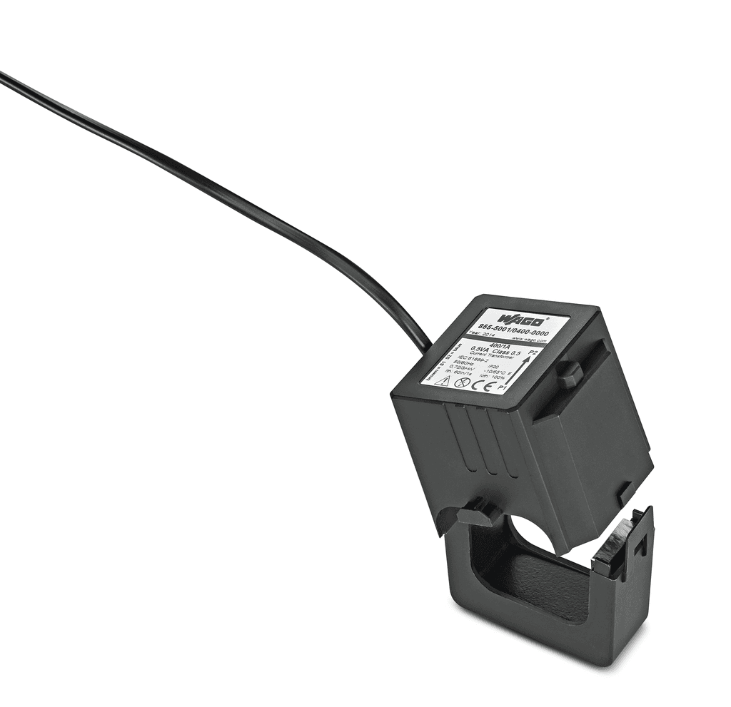 WAGO 855-5001/250-001 Wago 855-5001/250-001 is a split-core measurement current transformer (CT) designed for precise current measurement. It features a 5m cable terminated with bare end flying leads for connectivity and is specified with a design of 250/1A. The rated power of this CT is 0.5 VA, and it operates without a specified supply voltage (AC). It is designed to function within an ambient air temperature range for operation of -10°C to +55°C and has a storage temperature range of -20°C to +70°C. The degree of protection provided by its enclosure is rated at IP20, indicating protection against solid objects larger than 12.5mm but not against liquids. The connection capacity is made from Polyamide (PA) 66, suitable for a type of network with 250 A. It offers a measurement accuracy of 1 A and can operate in environments with 5-85% relative humidity without condensation. This current transformer is categorized as Class 1 (Cl.1), ensuring its compliance with specific accuracy standards.