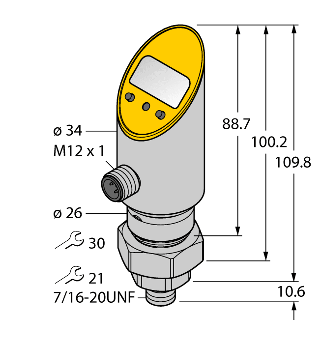 Turck PS003V-505-LUUPN8X-H1141 Turck PS003V-505-LUUPN8X-H1141 is a sensor designed for pressure measurement with a programmable set point range of 1-100% and a reset point range of 0.5-99.5%. It supports multiple measurement units including bar, psi, kPa, MPa, and miscellaneous. The sensor operates in ambient air temperatures ranging from -40°C to +80°C and features a rotatable housing for flexible installation. It connects via a 4-pin M12 Eurofast QD male connector and a 1/4" NPT threaded female process port. As part of the PS500 series, it offers an IP67 degree of protection and requires a supply voltage of 18-30Vdc, with 24Vdc nominal. The cylindrical body sensor has a maximum switching frequency of 180Hz and is constructed from 1.4305 (303) stainless steel with ceramics Al2O3 pressure transducer and stainless steel pressure connection. It measures pressure from 0 to +10bar or 0 to +145psi and supports IO-Link communication protocol. The operating mode can be programmed as NO (Normally Open) or NC (Normally Closed). Protection functions include short-circuit (pulsed) and reverse polarity with a response time ranging from 50 to 600ms. It features 1 analog output (4-20mA; can also be used as a NPN/PNP digital output), with set point accuracy of +/-0.5% FS, analog accuracy of <=+/-0.5% FS, response time <3ms, repeatability <=0.5% of measuring range, and zero shift/span shift <=0.15% of measuring range per °C. The current consumption is 50mA.