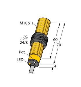 Turck BC5-S18-Y1X Capacitive Sensor, Rated switching distance 7.5 mm, Cable length (L) 2 m, Flush, M18 × 1 threaded barrel, Plastic, PA12‐GF30, Fine adjustment via potentiometer, DC 2-wire, nom. 8.2 VDC, Output acc. to DIN EN 60947-5-6 (NAMUR), Cable connection, ATEX category II 2 G, Ex zone 1, ATEX category II 1 D, Ex zone 20, SIL2 (Low Demand Mode) acc. to IEC 61508, PL c acc. to ISO 13849-1 at HFT0, SIL3 (All Demand Mode) acc. to IEC 61508, PL e acc. to ISO 13849-1 with redundant configuration HFT1