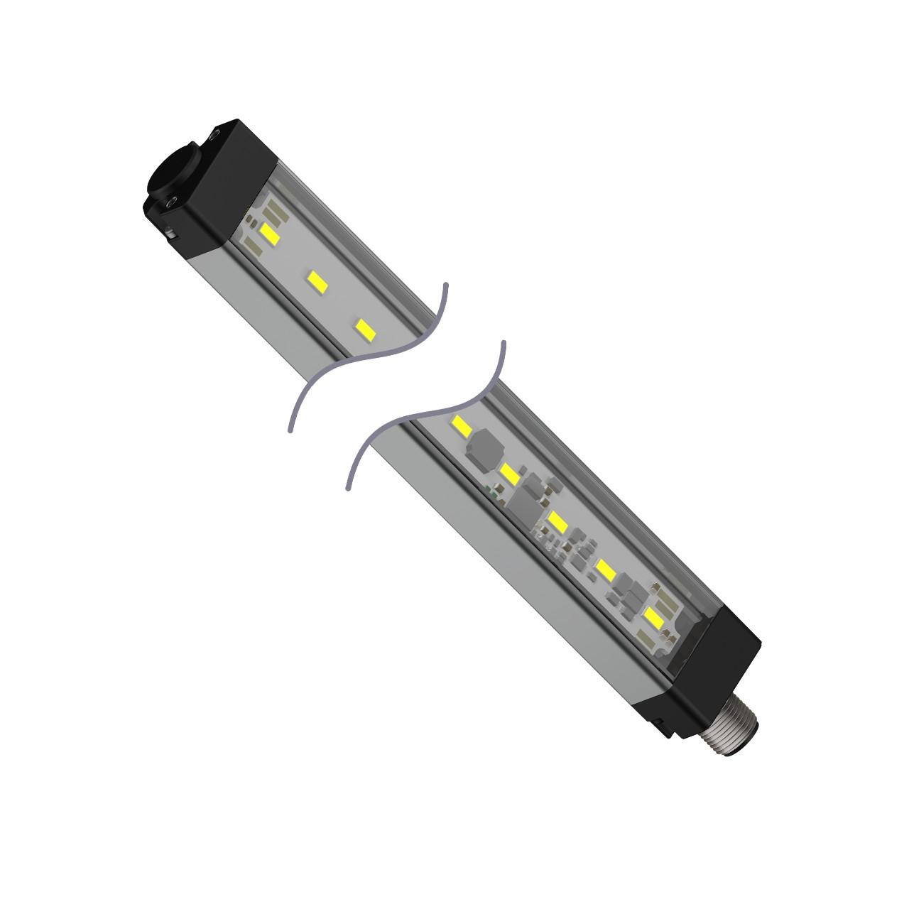 Banner WLS28-2XR1130XQ Banner Engineering WLS28-2XR1130XQ is a task light designed as an LED industrial strip light/bar featuring a clear plastic window for 1-color Red LED illumination. It operates on a supply voltage range of 12Vdc to 30Vdc, with a nominal voltage of 24Vdc. The dimensions of this product are L1130mm x W28mm, constructed with a Polycarbonate (PC) window and an Anodized Aluminium housing for durability. It comes pre-equipped with a 4-pin M12 Euro-style QD connector for easy connection. The linear light strip shape is designed for surface or wall mounting, offering a degree of protection rated at IP50. It is suitable for operation in ambient air temperatures ranging from -40°C to +70°C. This model includes 1 x digital input (12-30Vdc) for color control and provides a luminous flux of 440 lm (lumens).