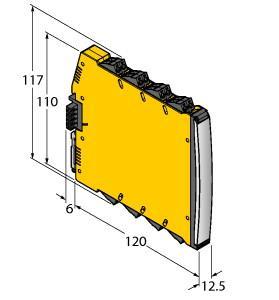 Turck IMX12-DI03-1S-2T-SPR/24VDC Isolating switching amplifier, 1-channel, , Transistor output (≤10 kHz), Transistor alarm output, Switchable: Alarm output or signal doubling, Output mode adjustable (NO/NC mode), Input circuits monitored for wire-break/short-circuit (ON/OFF switchable), Complete galvanic isolation, Input reverse-polarity protected, Removable screw terminals, Power bridge (connector incl. in delivery), ATEX, IECEx, NEPSI, cUL, cFM, INMETRO, KOSHA, TIIS, TR CU EAC, Installation in zone 2, SIL 2