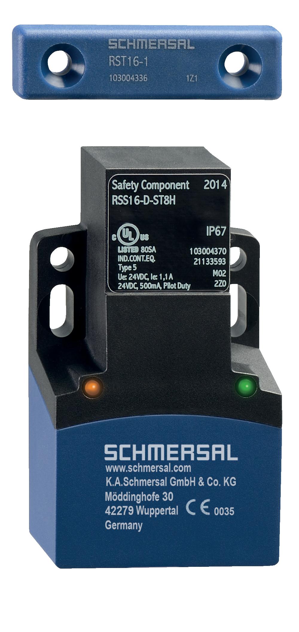 Schmersal RSS16-D-CC Safety sensors; Electronic safety sensors; Universal coding with RFID technology; Spring pulley connection; Series-wiring unlimited; without latching; Thermoplastic enclosure; RFID-technology for needs-based protection against tampering; 3 different direc