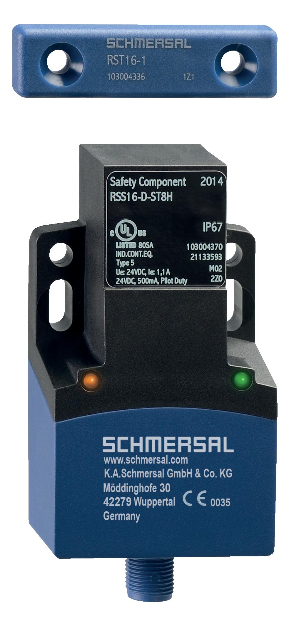 Schmersal RSS16-D-ST8H Safety sensors; Electronic safety sensors; Universal coding with RFID technology; 1 x connector plug M12, 8-pole; Series-wiring unlimited; without latching; Thermoplastic enclosure; RFID-technology for needs-based protection against tampering; 3 different