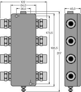 Turck JBBS-49-T615B/EX FOUNDATION fieldbus, IP67 junction box, 6-channel, , Junction box for wall mounting with PVC cable glands M20 x 1.5, Integrated terminating resistor (activatable), Cable shielding: Capacitive or direct connection to housing potential selectable via switch, Isolated support terminal for optional protective conductor incorporated in cable, Powder-coated die-cast aluminium housing, Pressure compensation element protects against condensation, Connection of the housing potential via M5 x 1 bolt, Enti