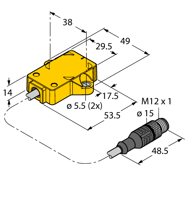 Turck RI90P2-QR14-LIU5X2-0.3-RS4 Turck RI90P2-QR14-LIU5X2-0.3-RS4 is a contactless rotary inductive angle sensor designed for precise angle measurement. It operates within an ambient air temperature range of -25 to +70°C and features a blind hole shaft design that is resistant to washdown, making it suitable for harsh environments. This sensor is pre-wired with a 30cm pigtail that terminates with a 3-pin M12 Eurofast QD connector for easy installation. It belongs to the Q-track QR14 series and has dimensions of H49mm x W54mm x D14mm. The sensor offers a high degree of protection with ratings of IP68 and IP69K, ensuring durability against dust and water ingress. It requires a supply voltage of 15Vdc to 30Vdc, with a nominal voltage of 24Vdc, and is housed in a rectangular, plastic PBT-GF30-V0 casing. The sensor's frequency is set at a 500Hz sampling rate, and it features a 1/4" bore size. It is equipped with protection functions against short-circuit, wire-break, and reverse polarity incidents. The sensor provides one analog output (0-10Vdc / 4-20mA; 12-bit resolution) and boasts a resolution of ≤0.09° with a 12-bit resolution. A green LED serves as a multifunctional visual position indicator, alongside a power ON indicator. It offers a measurement accuracy of ≤0.025% of full scale, with a current consumption of 100mA, and is capable of measuring angular positions from 0° to +90°.