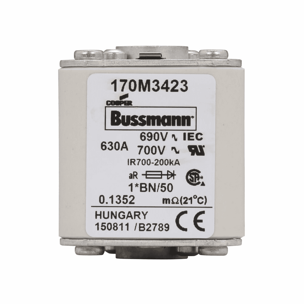 Cooper Bussmann 170M3423 170M3423 Cooper Bussmann - Eaton Bussmann series high speed square body fuse, 700V (UL), 690V (IEC), 630A, 200 kAIC, Top fuse status indicator, Fuse, Class aR, Flush - 170M3423