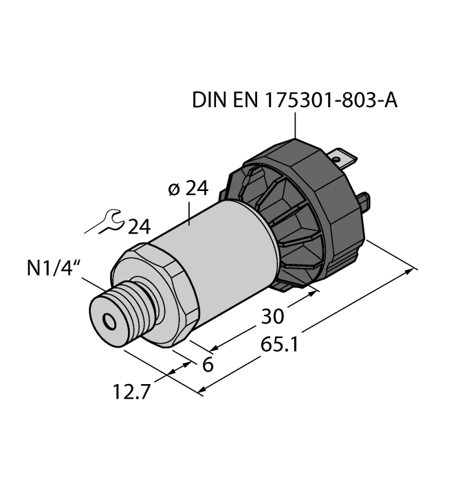 Turck PT130PSIV-2003-I2-DA91 Turck PT130PSIV-2003-I2-DA91 is a sensor designed for pressure measurement within the PT2000 series. This instrumentation compound pressure sensor/transmitter operates in ambient air temperatures ranging from -30°C to +85°C and can measure fluid medium temperatures from -40°C to +125°C. It features a pre-equipped 4-pin M12 Eurofast QD male connector and a 1/4" NPT threaded male process port for easy installation. The sensor is housed in a cylindrical body made from 1.4404 (316L) stainless steel, ensuring durability, and it also includes a pressure transducer of the same material. It is designed to measure pressures from -15 to +130psi. The device offers an analog output (4-20mA) for transmitting measurements and operates on a supply voltage of 7-33VDC, with 12VDC and 24VDC as nominal values. The PT130PSIV-2003-I2-DA91 is protected to IP67 standards, indicating a high level of protection against dust and water ingress, and has a current consumption of 23mA.