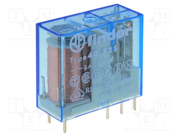 Finder 40.52.7.024.2000 PCB/Plug-In Relay, DPDT 8A, 24V DC coil, AgCdO contact