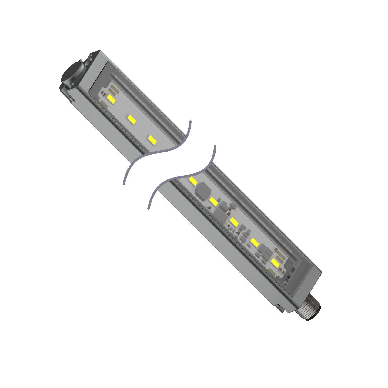 Banner WLS28-2XW430DSQ Banner Engineering WLS28-2XW430DSQ is a sealed LED industrial strip light designed for task lighting applications. It features a diffused plastic window for 1-color Cool White (W) LED illumination, with a supply voltage range of 12Vdc to 30Vdc (24Vdc nominal). The dimensions of this product are L430mm x W28mm, constructed with a polycarbonate (PC) window and an aluminium housing. It is pre-equipped with a 4-pin M12 Euro-style QD connector for connectivity. This linear light strip is designed for surface or wall mounting and offers a degree of protection rated at IP65, IP67, and IP69K. It can operate in ambient air temperatures ranging from -40°C to +70°C. Additionally, it includes 1 x digital input (12-30Vdc) for color control and provides a luminous flux of 900 lm (lumens).