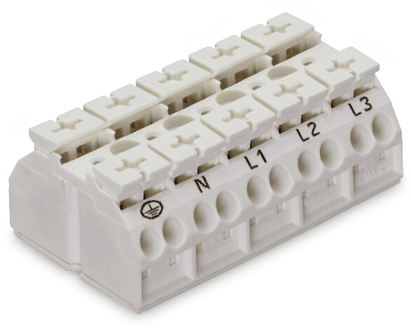 WAGO 862-2615 Wago 862-2615 is a terminal strip designed for feed-through, neutral-through, and ground/earthing chassis-mount applications. It features push-in CAGE CLAMP spring connections for secure and efficient wire installation. This 1-deck terminal strip is rated for a current of 32A according to IEC standards and can accommodate a voltage up to 500V. It is designed to mount on DIN rails or surfaces via an accessory snap-in foot, providing flexibility in installation. The terminal strip has dimensions of H22.3mm x W60mm x D35mm and is suitable for 0.5mm2 to 4mm2 fine stranded or solid conductors, as well as #20AWG to #12AWG fine stranded or solid conductors. It includes 3 feed-through poles plus neutral-through and protective-earth (3P+N+PE) connections. The product is made from polyamide (PA) 66 and halogen-free materials, ensuring compatibility with a wide range of environmental requirements. It also features 20-wires (10 push-in + 10 push-in) connections for comprehensive wiring needs.