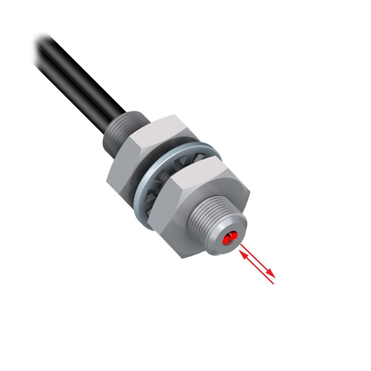 Banner PBT26UHF Banner Engineering PBT26UHF is a fiber optic sensor designed for diffuse-reflective system applications with a bifurcated fiber in-line sensing mechanism. It features a 0.5mm fiber core diameter and is part of the Plastic fiber series. The sensor has a cylindrical (threaded) end tip made of nickel-plated brass for the sensing end, with the fiber sheathed in polyethylene (PE). It has a total length of 6ft (2 meters) and is capable of operating in ambient air temperatures up to +70°C.